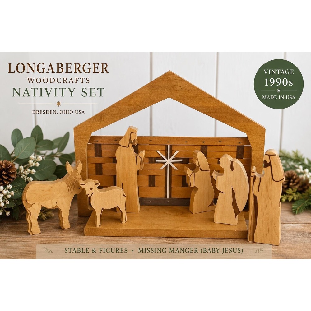 Vintage RARE Longaberger WoodCrafts Nativity Set Stable Figures *Missing Jesus